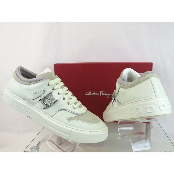 $795 FERRAGAMO NORIS WHITE LEATHER BEIGE SUEDE SF LOGO SNEAKERS 9.5 M ITALY main image 9